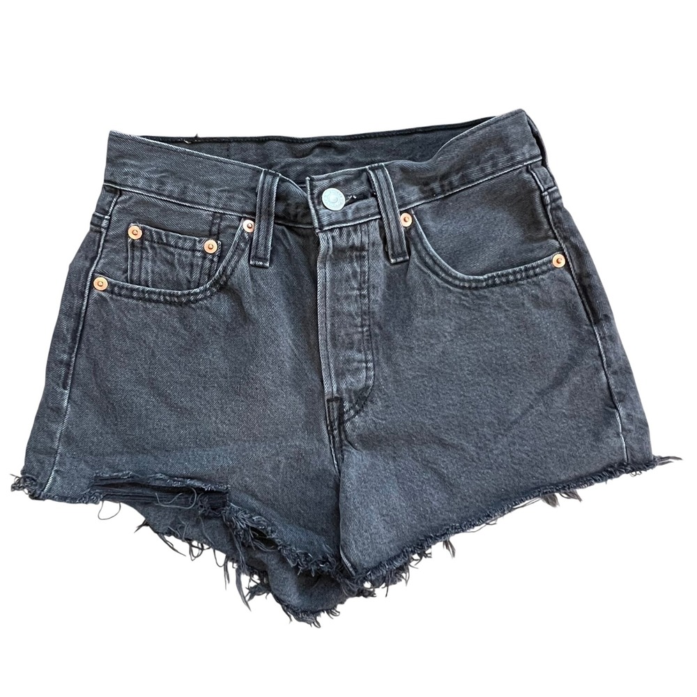 Levis 501 Jean Shorts Button Fly Black‎ Womens Size 24 Raw Hem Cut Off
